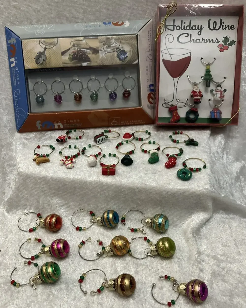 Christmas Wine Glass Tag Charms Stem Markers Lot of 33pc Holiday Party Tableware